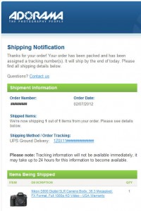 Adorama D800 order shipping